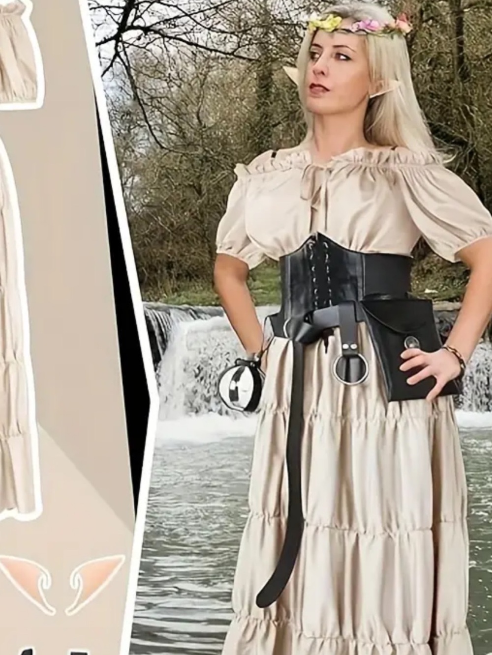 Boho Cream Peasant Maxi Dress with Black Waist Corset and Utility Belt